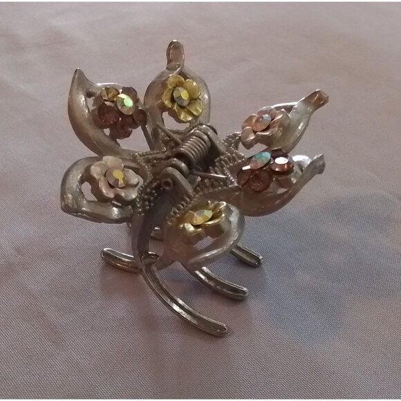 Vintage Flower Design Metal Hair Claw Clip With Rhinestone Accents - Picture 2 of 3
